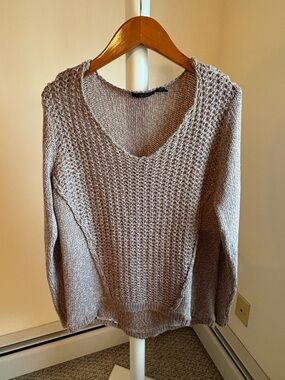 RDI V-Neck Taupe Knit Women's Sweater — L